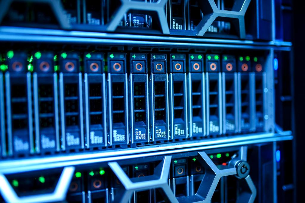 Server room infrastructure with blue lights
